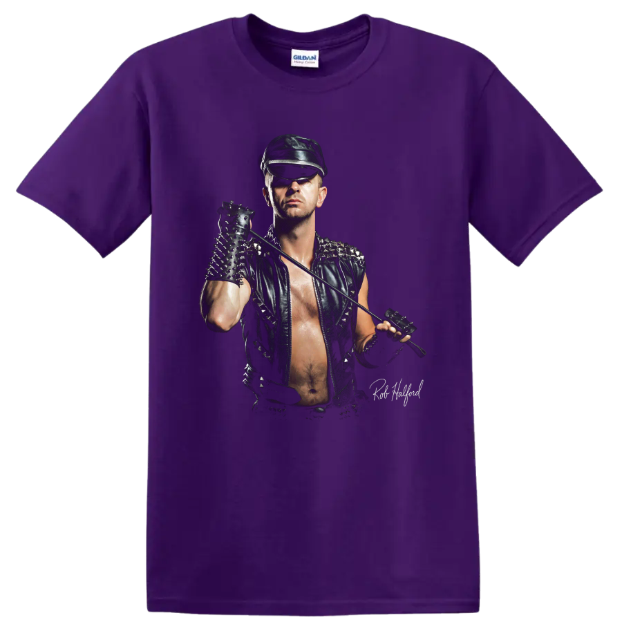 Rob Halford Judas Priest heavy metal stage portrait graphic on a Purple T Shirt