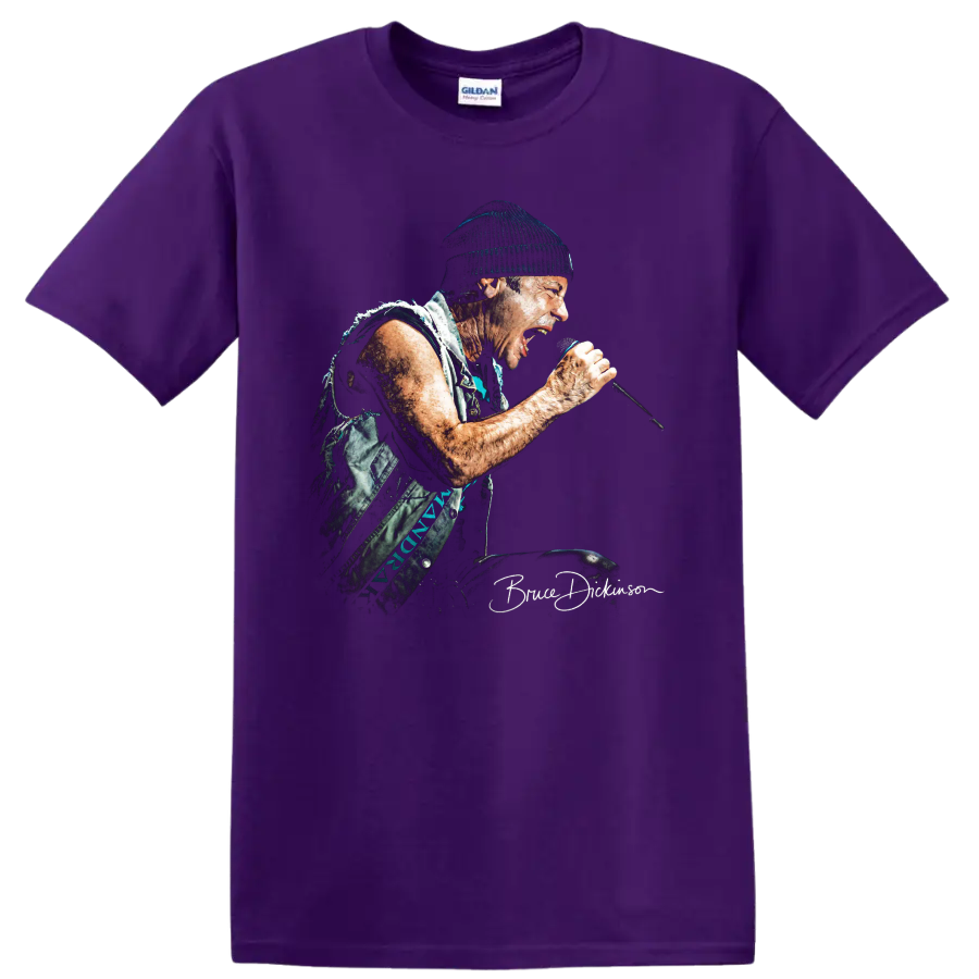 Bruce Dickinson of Iron Maiden performing with a microphone in gritty metal art on a Purple T Shirt