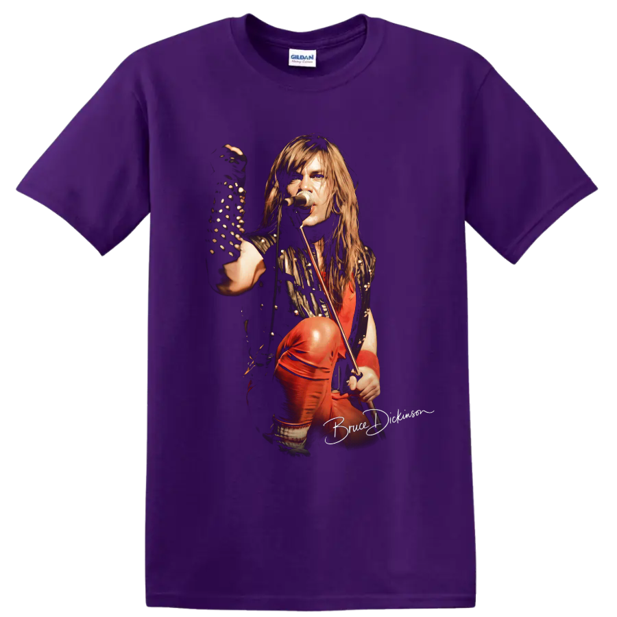Bruce Dickinson Iron Maiden heavy metal stage performance graphic on a Purple T Shirt