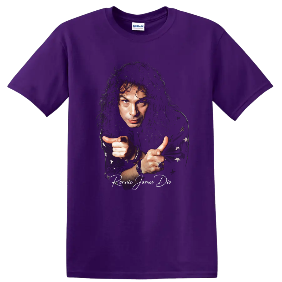 Ronnie James Dio portrait heavy metal graphic with signature on a Purple T Shirt