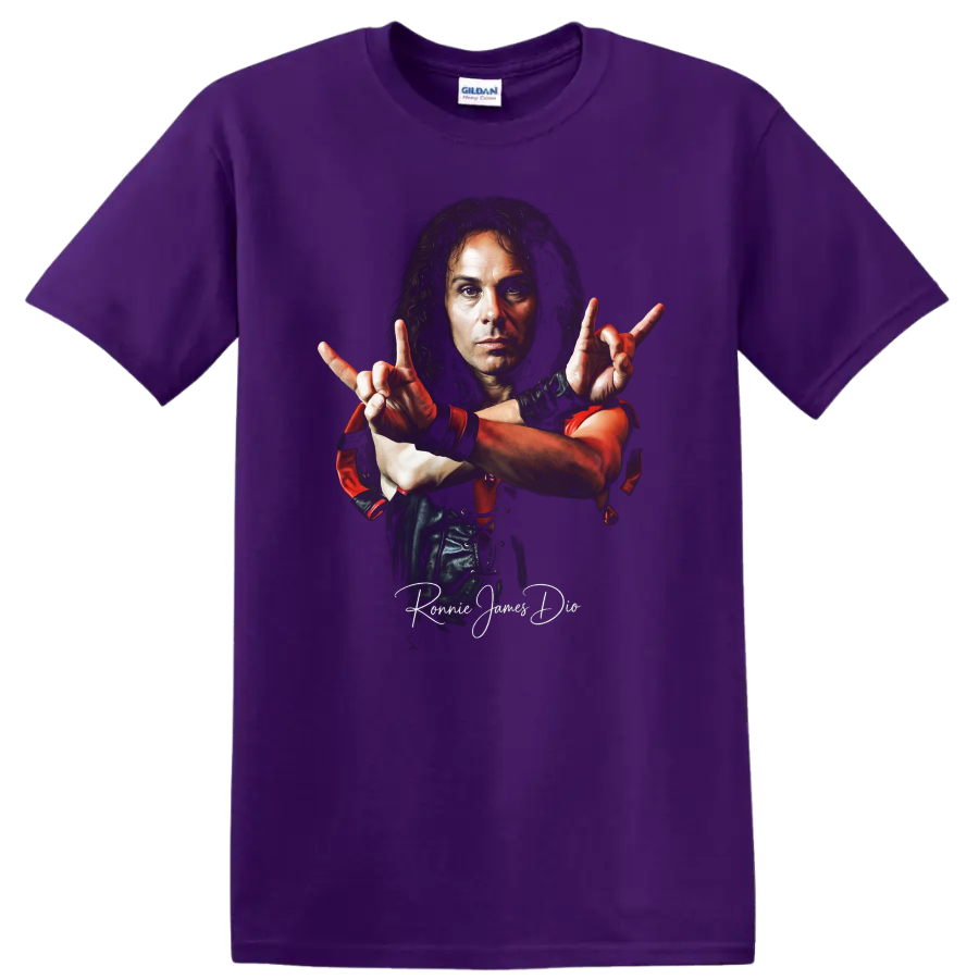 Ronnie James Dio heavy metal portrait with dramatic red accents on a Purple T Shirt