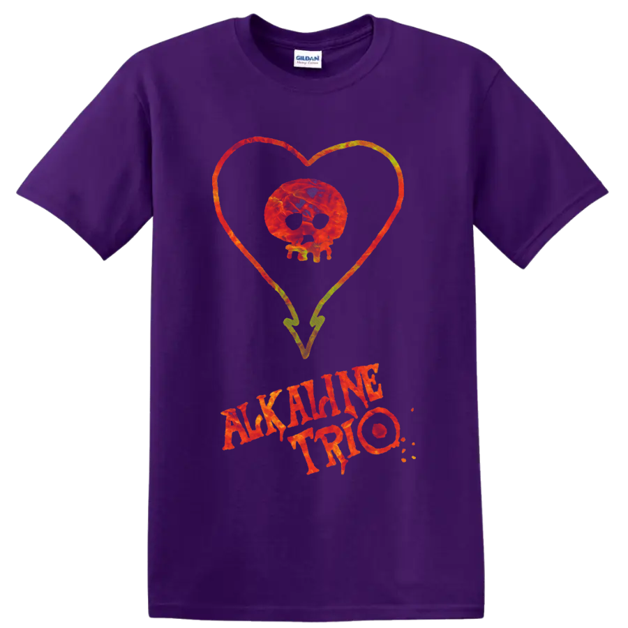 Alkaline Trio skull inside a colorful heart with distressed band lettering on a Purple T Shirt