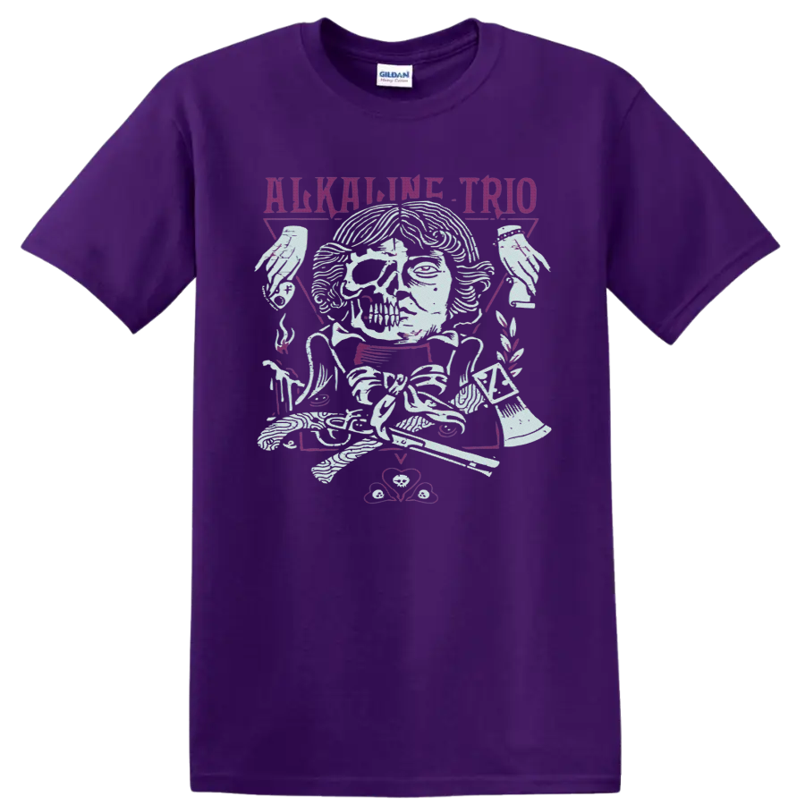 Alkaline Trio winged skull and roses punk rock graphic on a Purple T Shirt