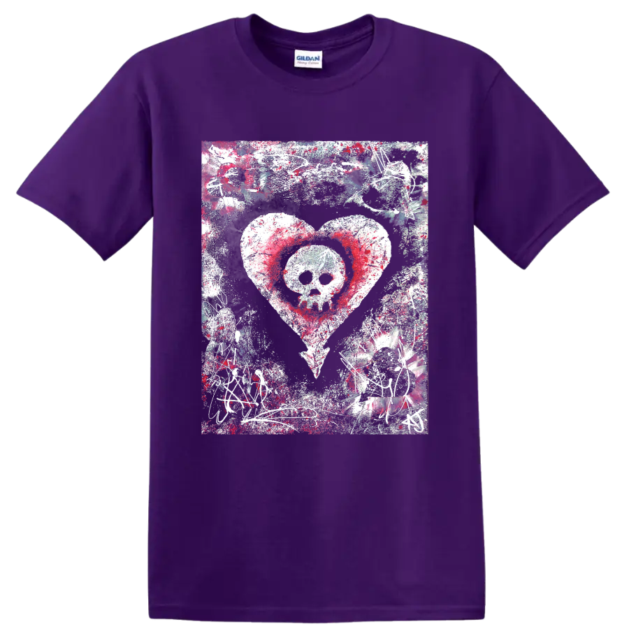 Alkaline Trio skull inside heart punk rock distressed graphic print on a Purple T Shirt