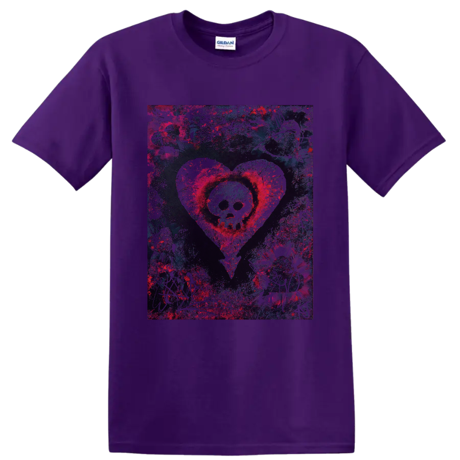 Alkaline Trio skull inside a heart, distressed punk rock graphic on a Purple T Shirt