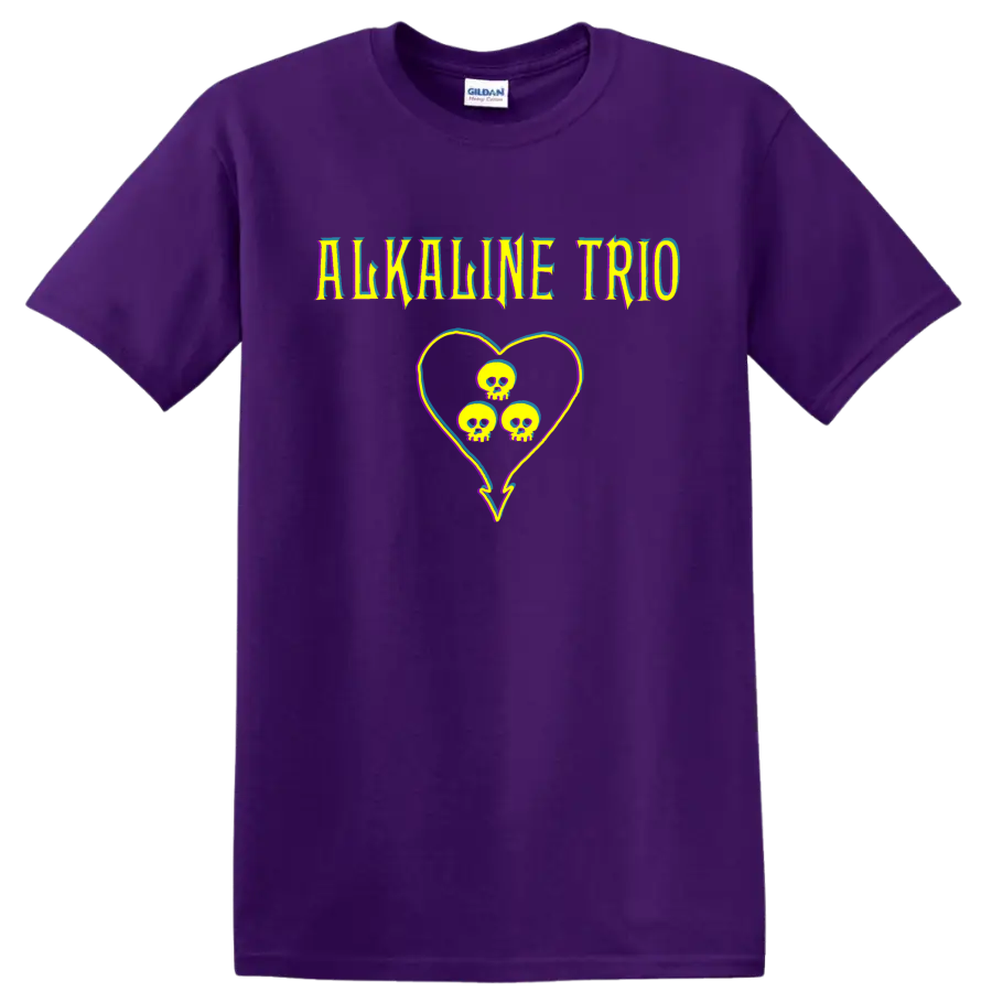 Alkaline Trio punk rock skull heart graphic with colorful glitch accents on a Purple T Shirt