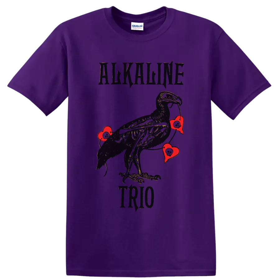 Alkaline Trio punk rock raven with red hearts graphic print on a Purple T Shirt