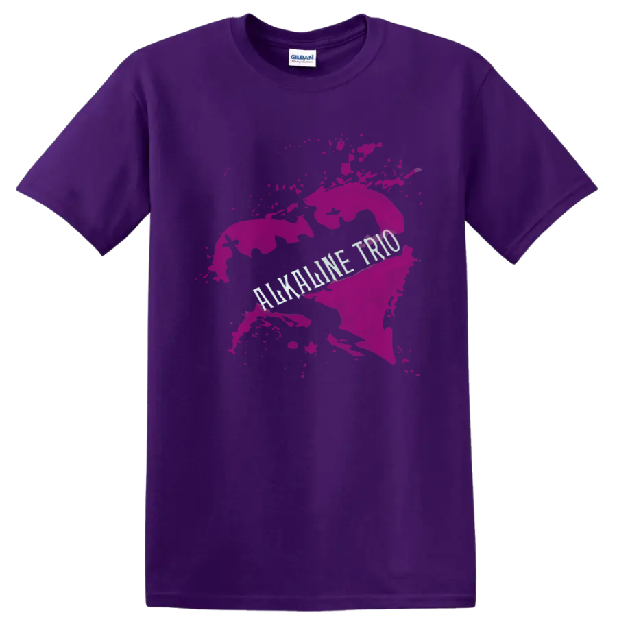 Alkaline Trio punk rock graphic with pink paint splash and distressed lettering on a Purple T Shirt