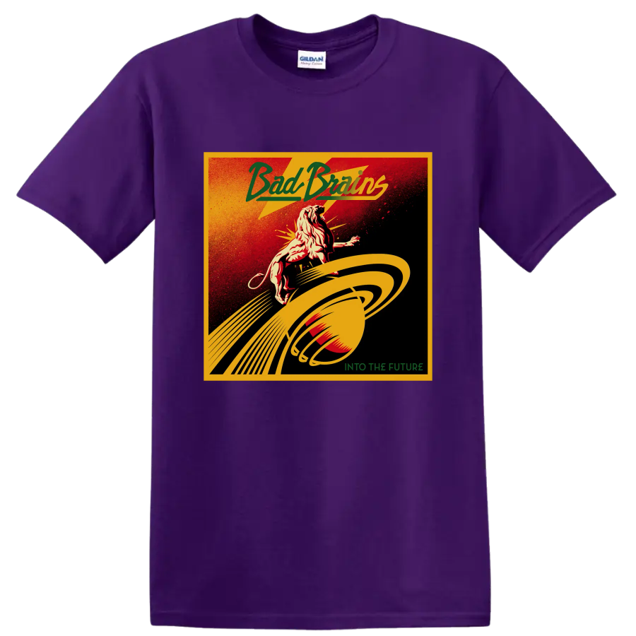 Bad Brains distressed punk rock lion and planetary rings Into the Future design on a Purple T Shirt