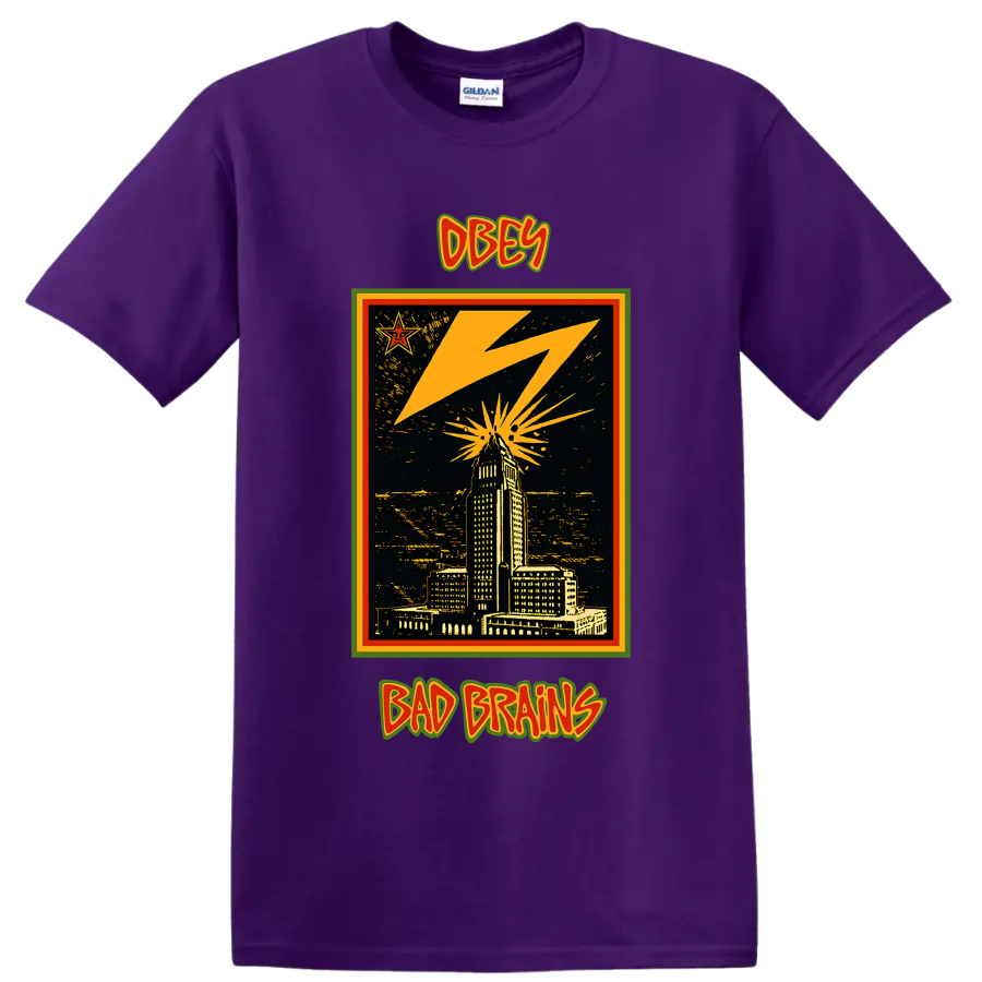 Bad Brains OBEY lightning city skyline punk rock graphic on a Purple T Shirt
