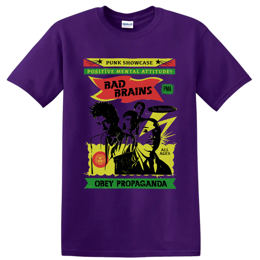 Bad Brains punk rock graphic with Positive Mental Attitude lettering on a Purple T Shirt