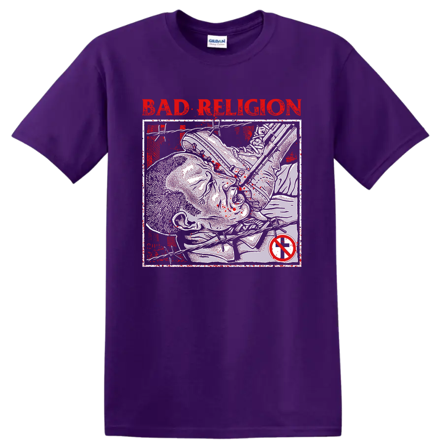 Bad Religion distressed punk rock lettering and skeletal graphic on a Purple T Shirt