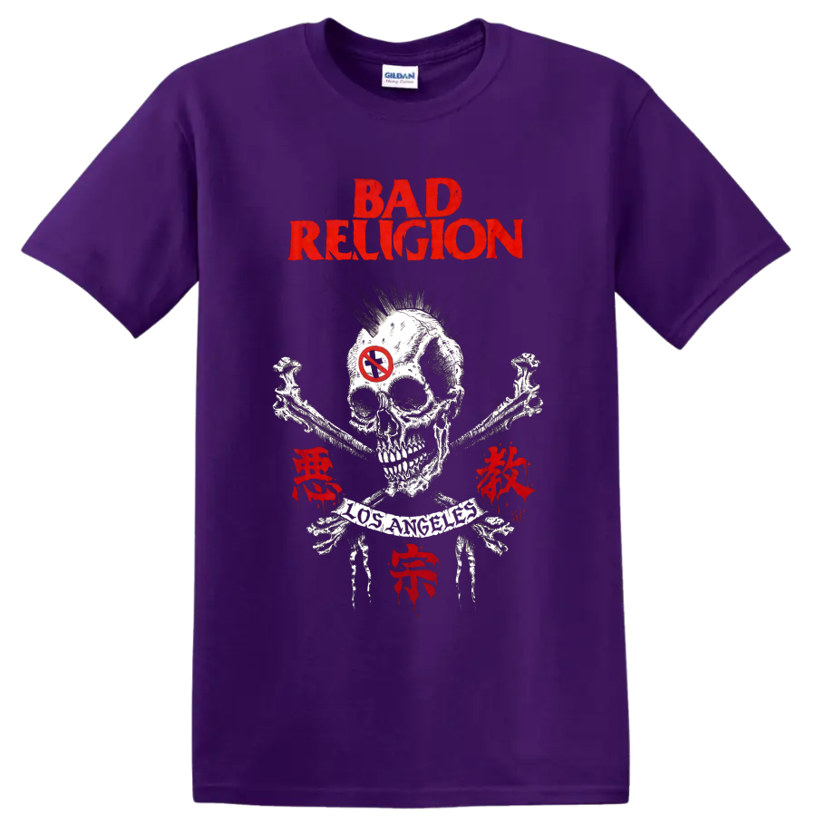 Bad Religion distressed red skull and crossbones punk graphic on a Purple T Shirt