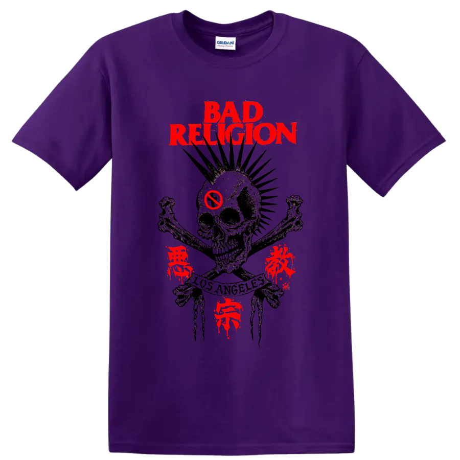 Bad Religion distressed punk rock skull graphic with red lettering on a Purple T Shirt