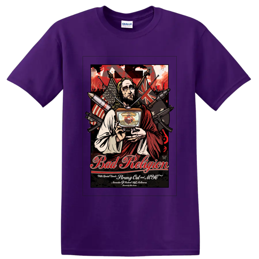 Bad Religion punk rock concert poster graphic with robed figure and television on a Purple T Shirt