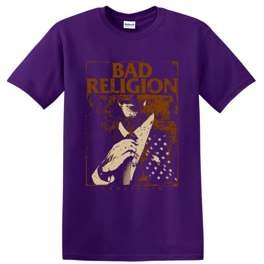 Bad Religion distressed punk rock graphic with bold lettering and central illustration on a Purple T Shirt