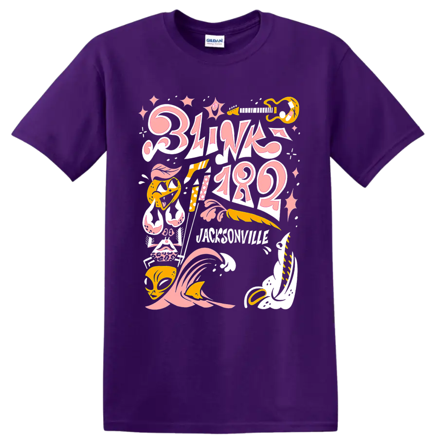 Blink-182 punk rock graphic print with pink lettering and yellow music accents on a Purple T Shirt