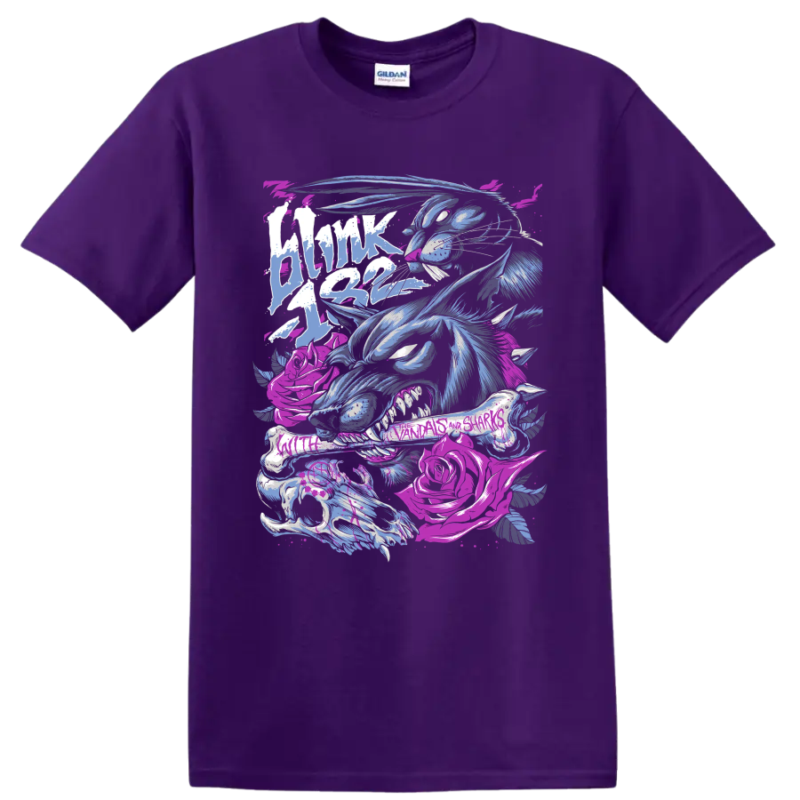 Blink-182 punk rock graphic with a blue skeletal creature and magenta details on a Purple T Shirt