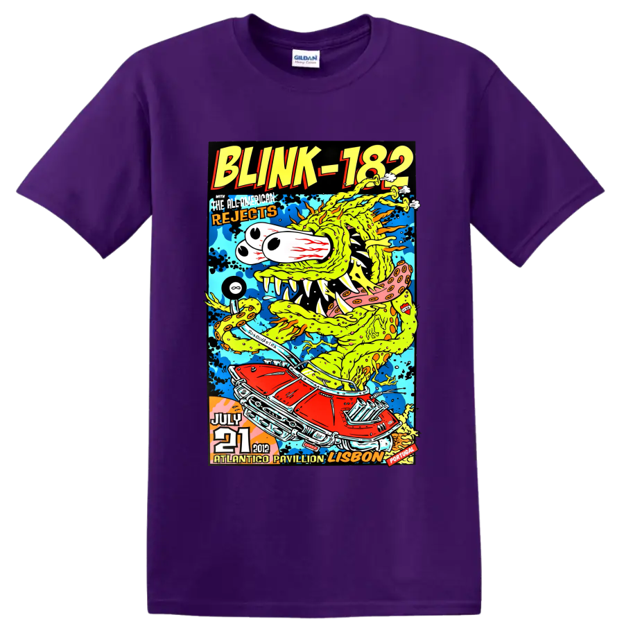 Blink-182 colorful punk rock concert poster with cartoon creature and red car on a Purple T Shirt