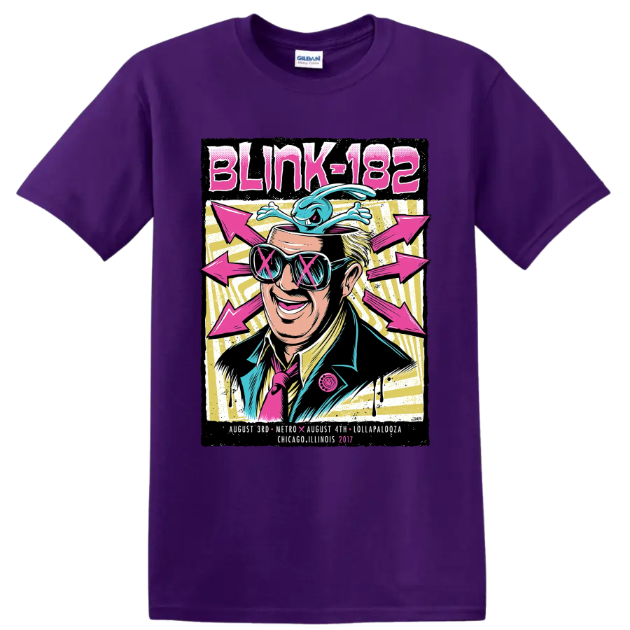 Blink-182 punk rock festival graphic with sunglasses, blue creature, and pink arrows on a Purple T Shirt
