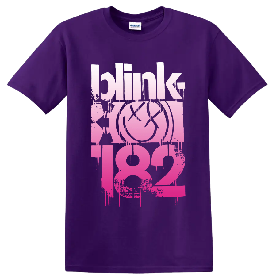 Blink-182 pink distressed punk rock lettering with smiley-style graphic on a Purple T Shirt