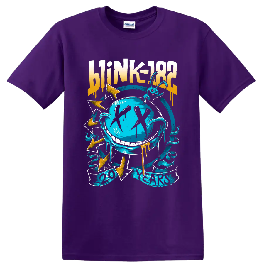 Blink-182 punk rock graphic with distressed lettering, blue globe, and lightning bolts on a Purple T Shirt