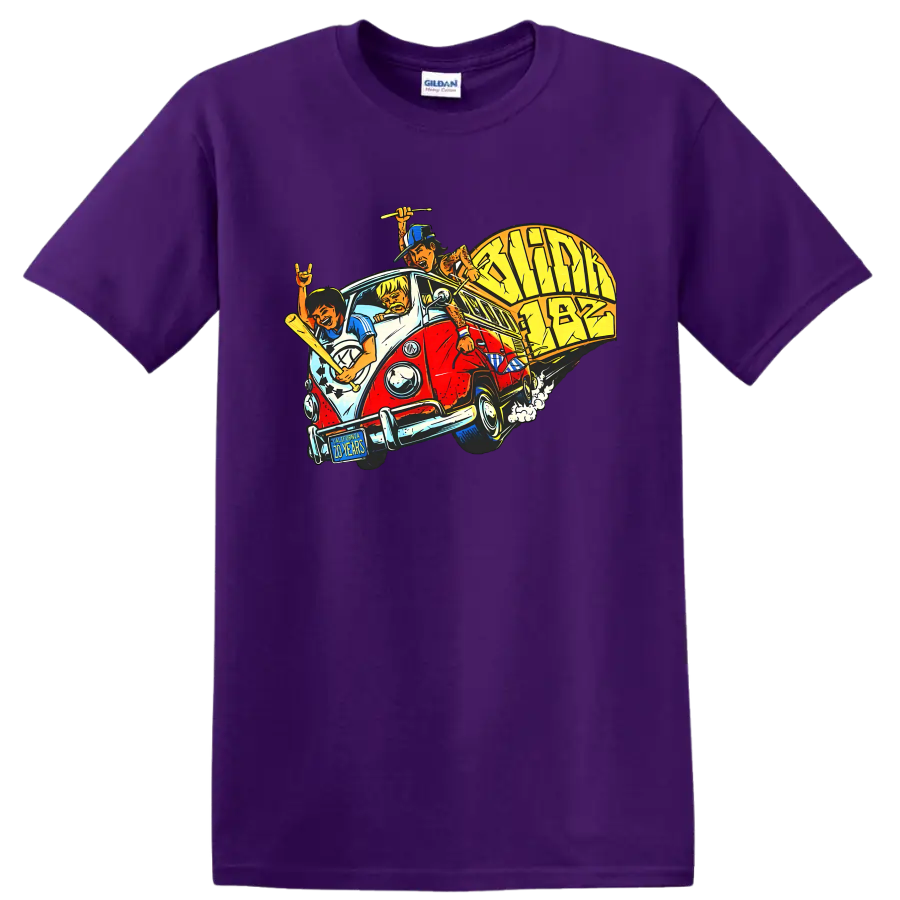 Blink-182 punk rock van graphic print with musicians and instruments on a Purple T Shirt