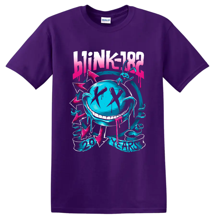Blink-182 punk rock graphic with aqua cartoon rabbit, arrows, and bold lettering on a Purple T Shirt