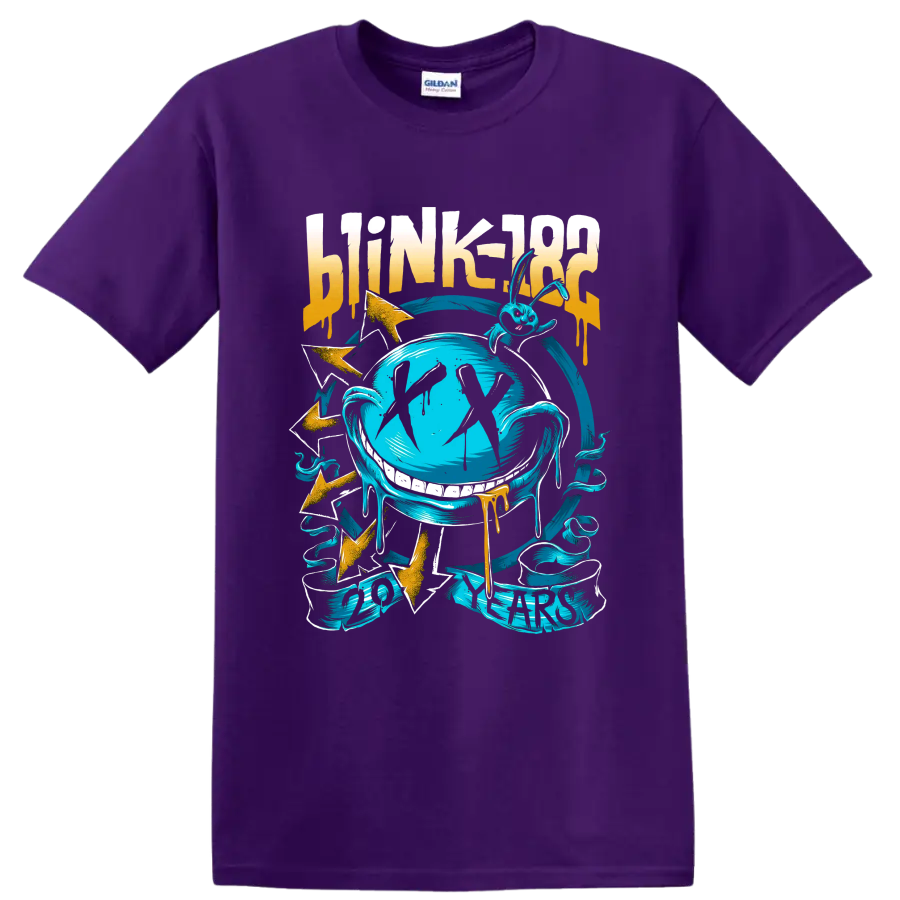 Blink-182 punk rock graphic with turquoise-blue cartoon bunny and gold accents on a Purple T Shirt