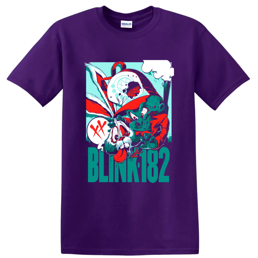 Blink-182 surreal punk rock artwork with BLINK182 text on a Purple T Shirt