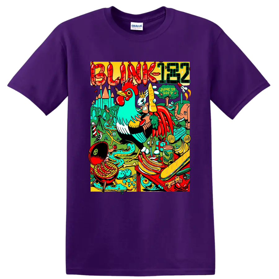 Blink-182 colorful punk rock collage graphic with playful characters on a Purple T Shirt