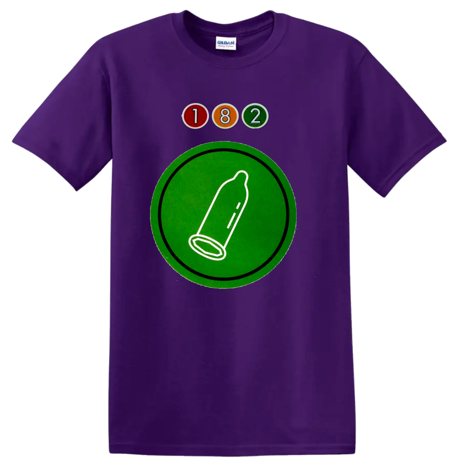 Blink-182 182 logo with colorful circles and green graphic emblem on a Purple T Shirt