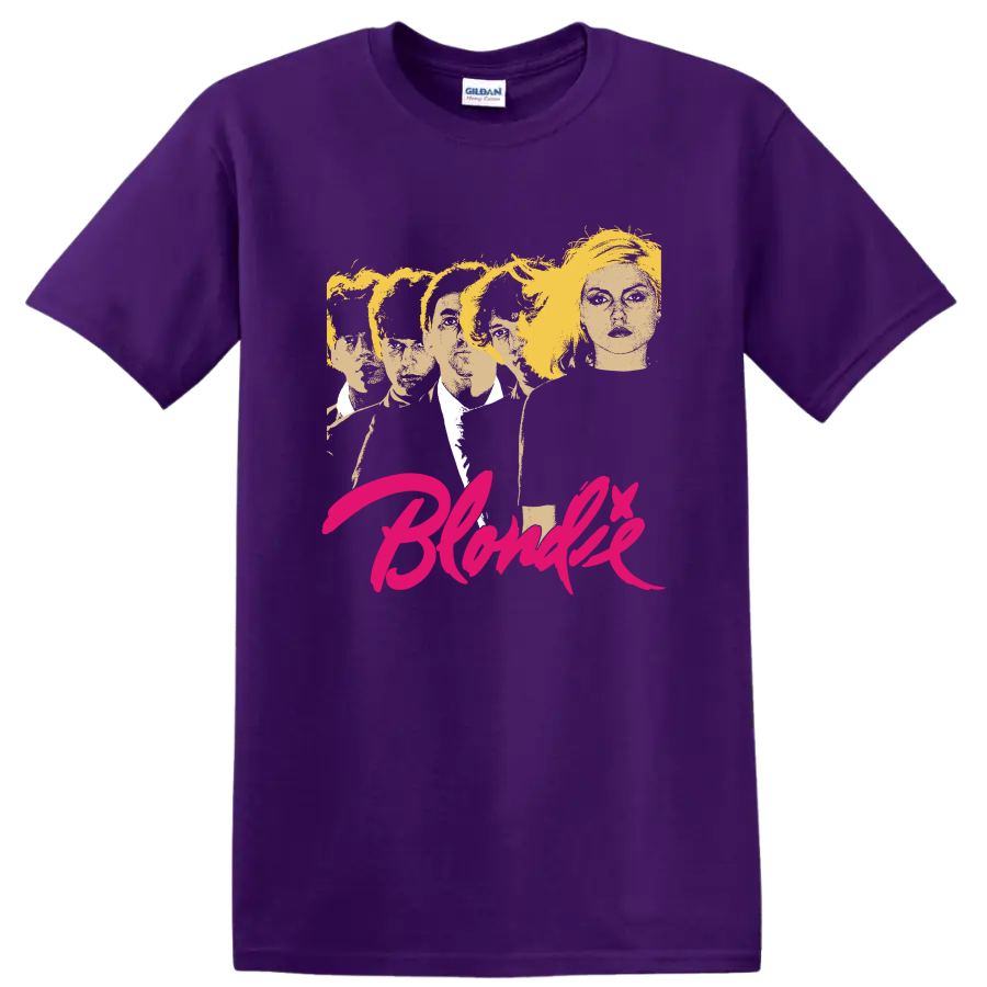Blondie punk rock band portrait with vivid pink script lettering on a Purple T Shirt