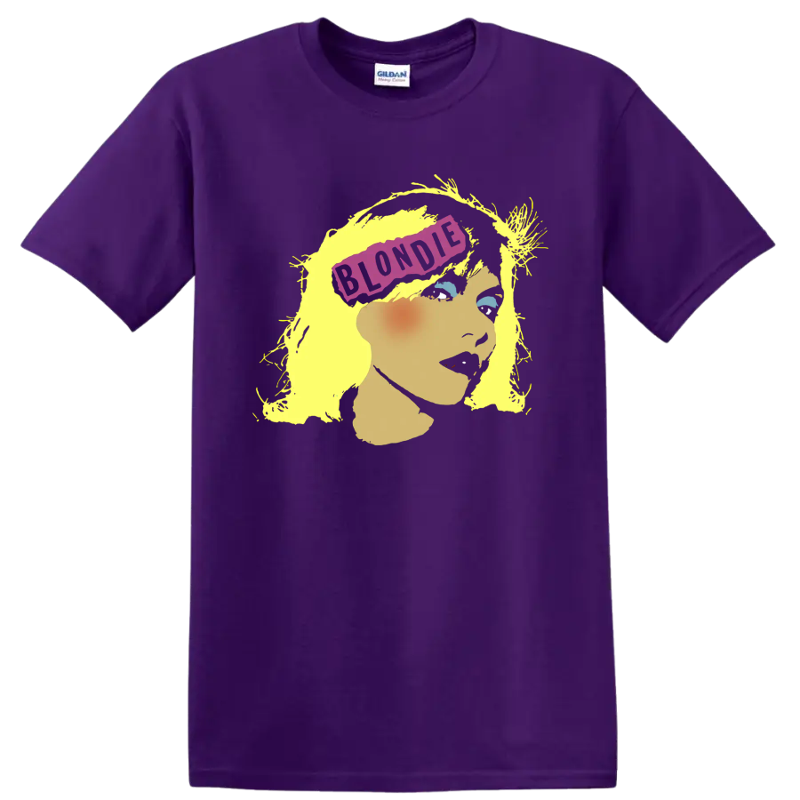 Blondie punk rock portrait with yellow hair and purple banner on a Purple T Shirt