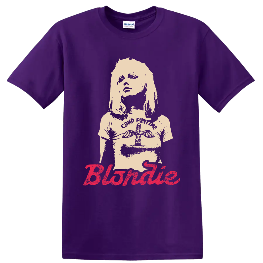 Blondie punk rock portrait with bold pink script lettering on a Purple T Shirt
