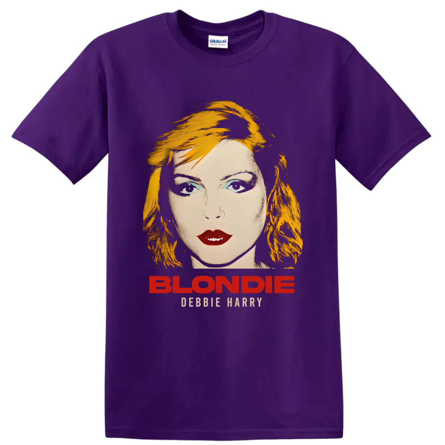 Blondie Debbie Harry portrait graphic with bold punk rock lettering on a Purple T Shirt