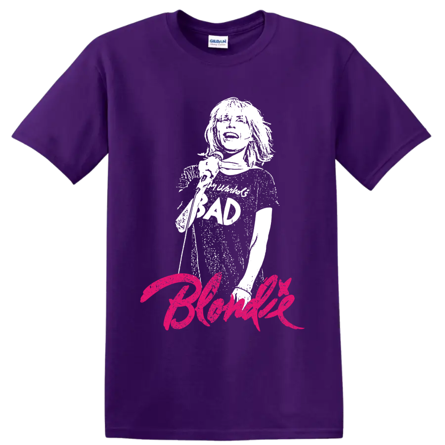 Debbie Harry portrait with hot pink Blondie punk rock lettering on a Purple T Shirt