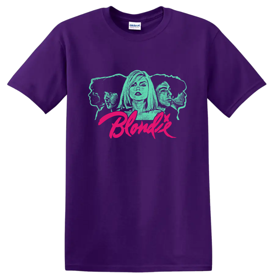 Blondie aqua portrait graphic with hot pink script lettering on a Purple T Shirt