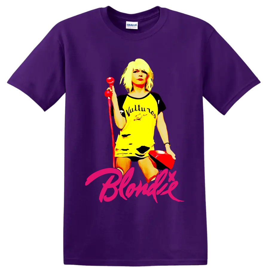 Blondie punk rock vocalist graphic with red microphone and pink script lettering on a Purple T Shirt