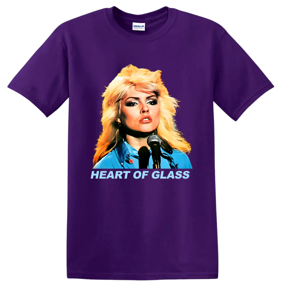 Blondie singer portrait with Heart of Glass text, retro punk rock graphic on a Purple T Shirt