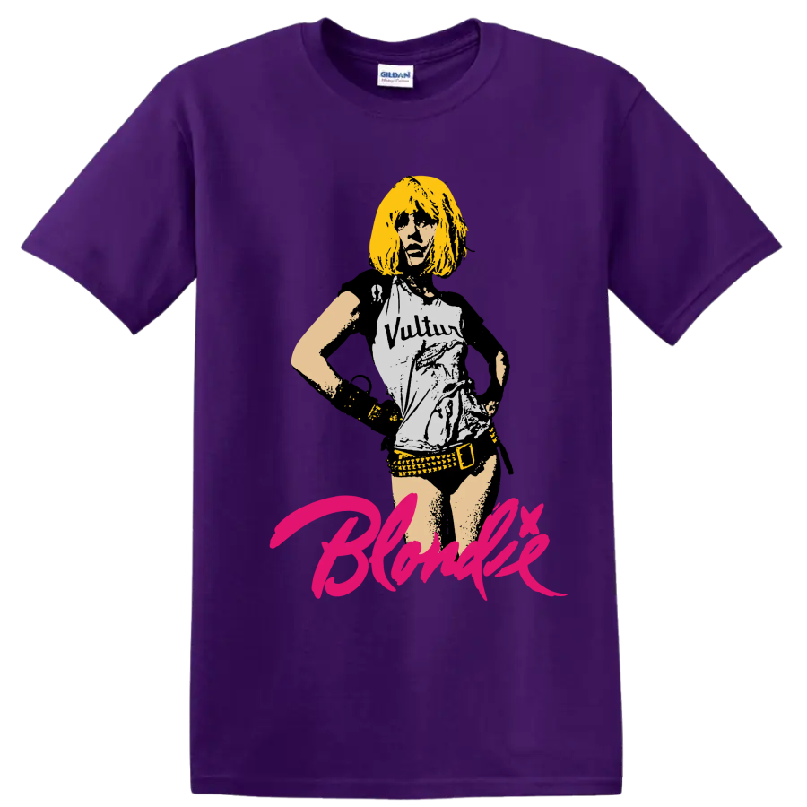 Blondie punk rock portrait graphic with hot pink script lettering on a Purple T Shirt