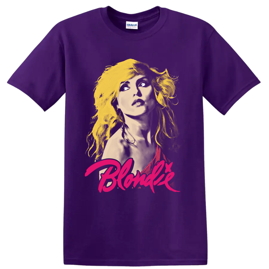 Stylized Debbie Harry portrait from Blondie with bold punk rock graphic lettering on a Purple T Shirt