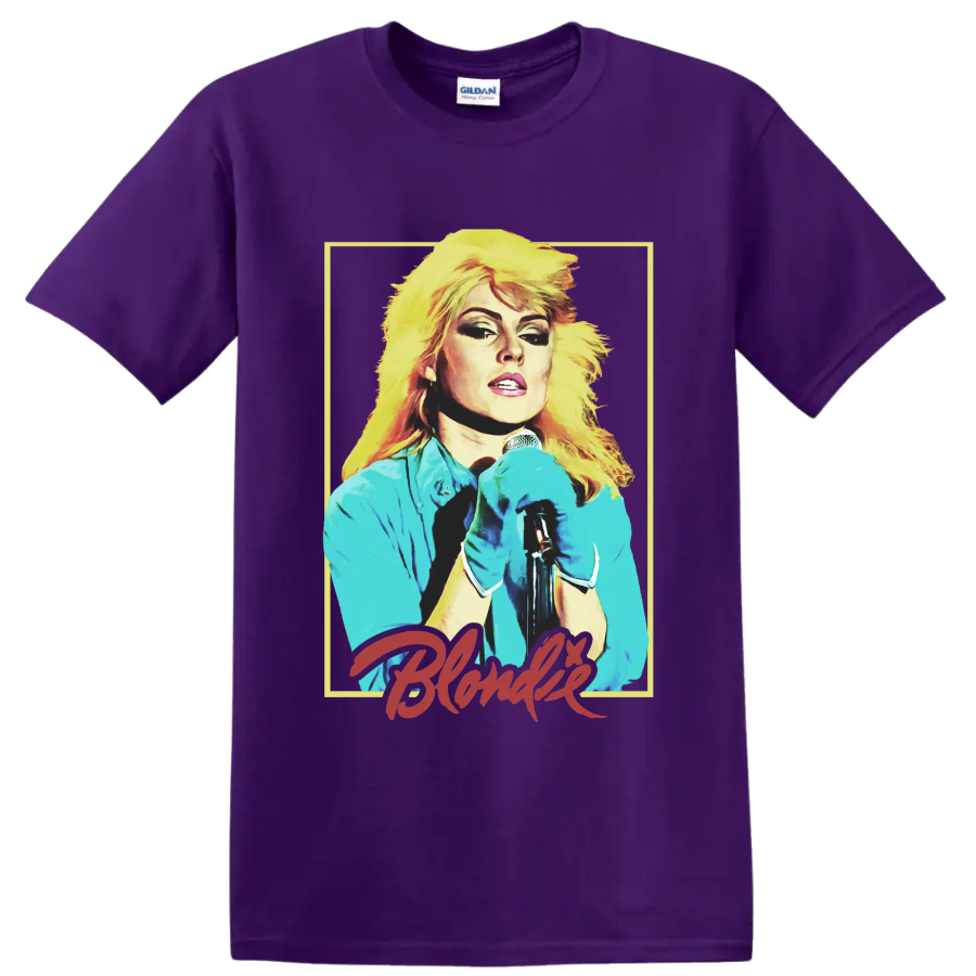 Debbie Harry of Blondie punk rock singer portrait with microphone on a Purple T Shirt