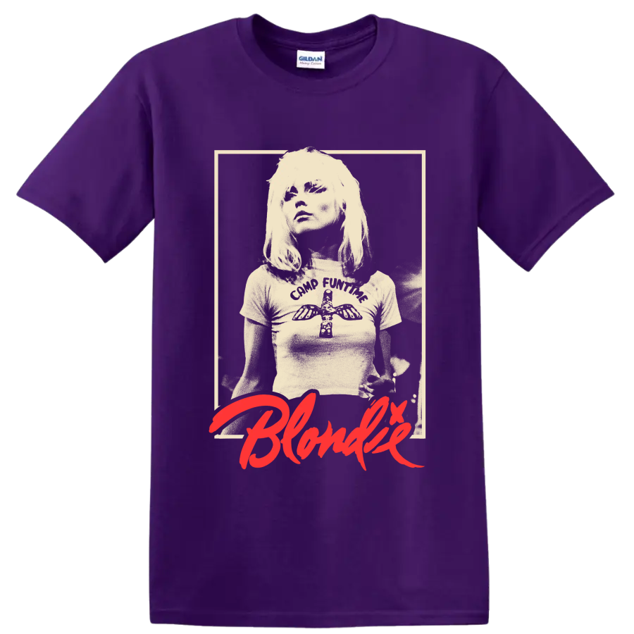 Blondie vintage punk rock portrait with red script graphic print on a Purple T Shirt