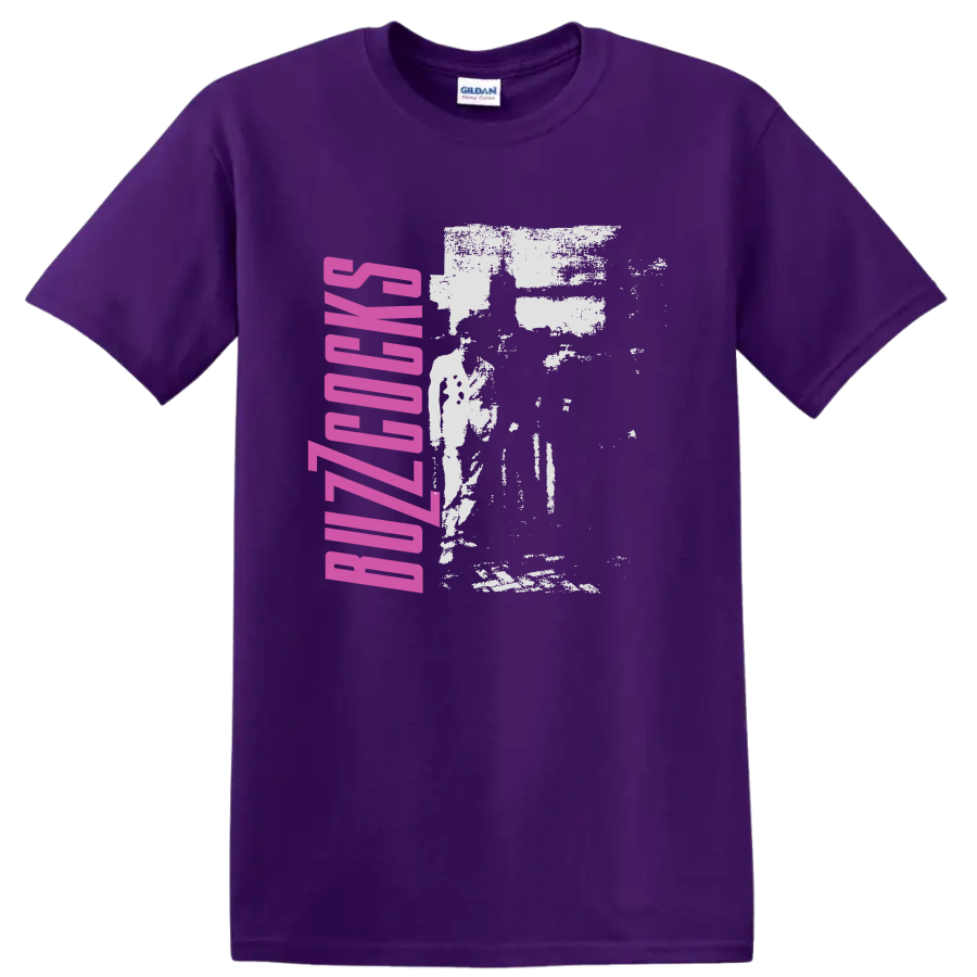Buzzcocks punk rock band graphic with pink vertical lettering and distressed image on a Purple T Shirt