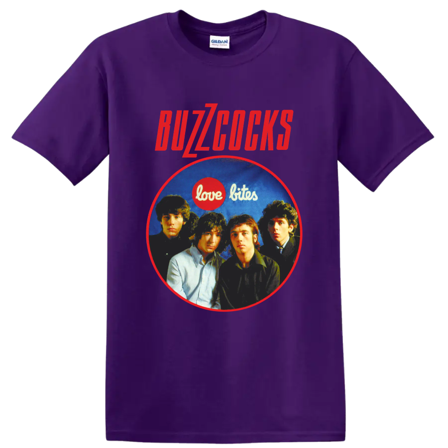 Buzzcocks punk rock band portrait with Love Bites graphic on a Purple T Shirt