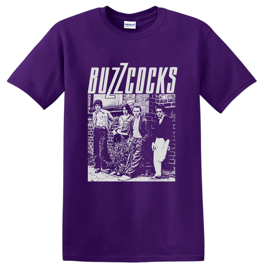 Buzzcocks punk rock band distressed monochrome collage with bold lettering on a Purple T Shirt
