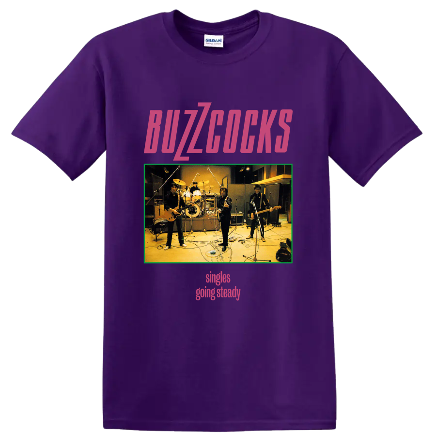 Buzzcocks punk rock band studio photo graphic with pink lettering on a Purple T Shirt