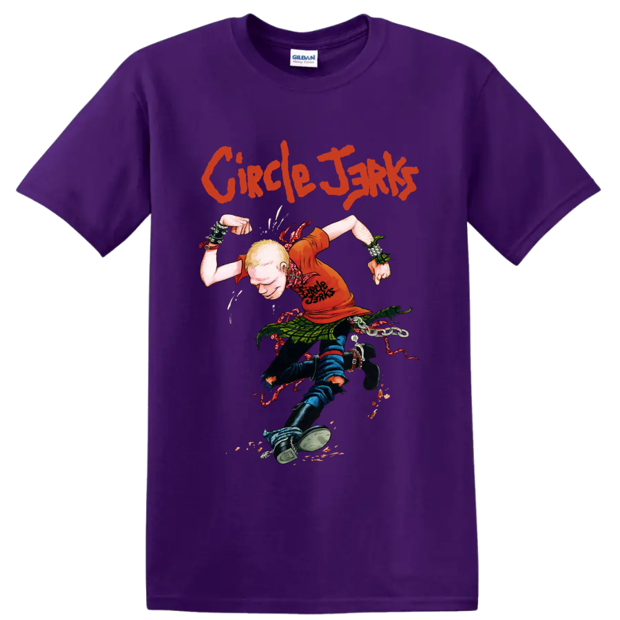 Circle Jerks punk rock graphic with illustrated figure and distressed lettering on a Purple T Shirt