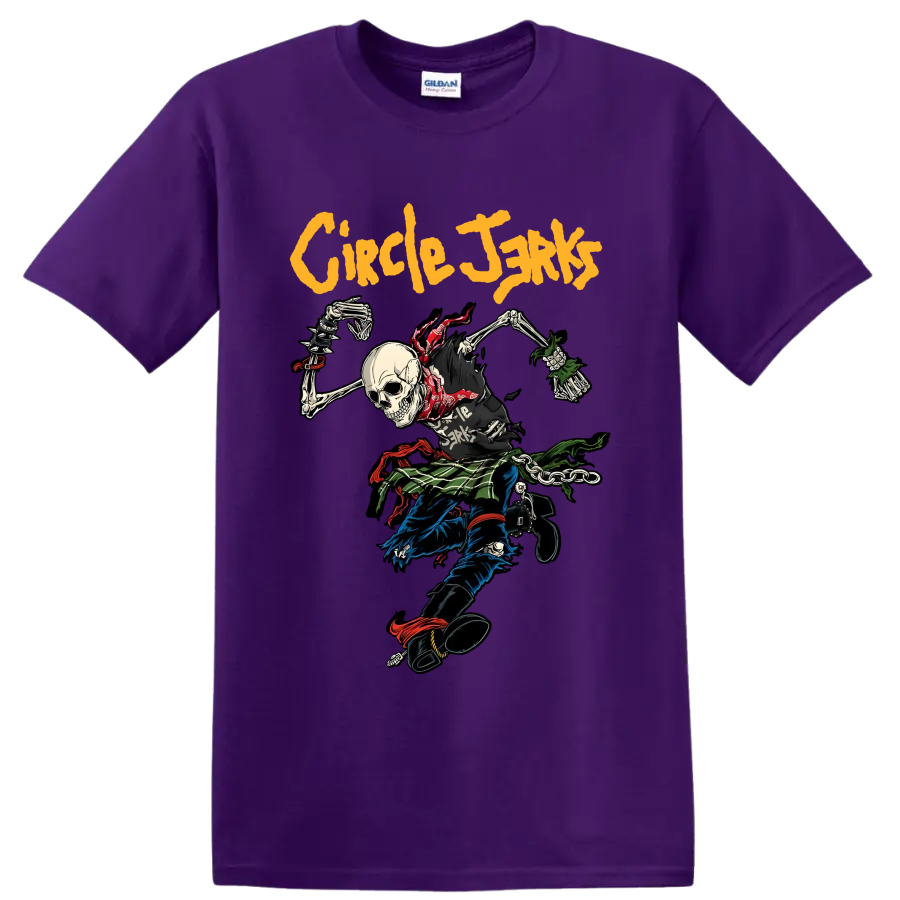 Circle Jerks punk rock skeleton graphic with bold yellow lettering on a Purple T Shirt